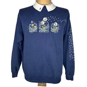 Vintage 90’s Nature Floral Birds And Dandelions Collared Grandma Sweatshirt